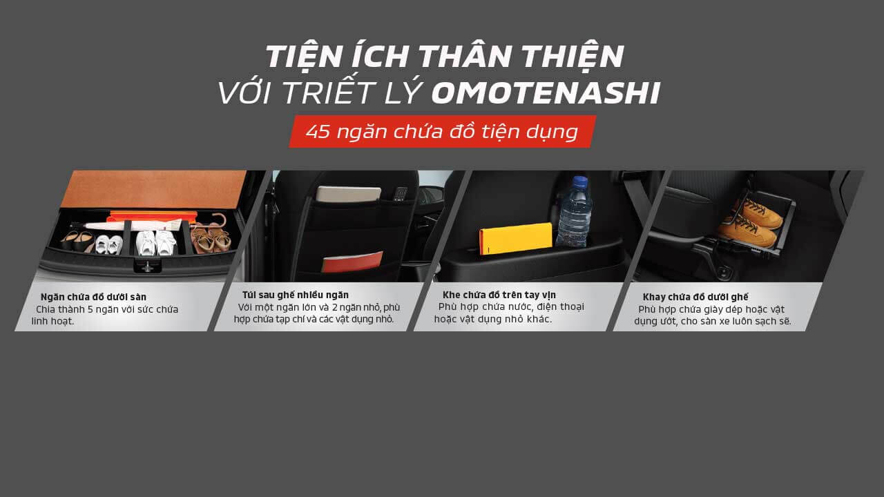 Tiện ích Omotenashi thân thiện với người dùng và 45 ngăn chứa đồ tiện dụng